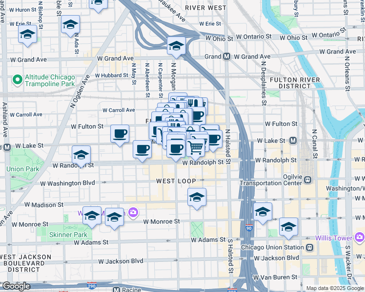 map of restaurants, bars, coffee shops, grocery stores, and more near 216 North Peoria Street in Chicago