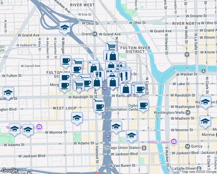 map of restaurants, bars, coffee shops, grocery stores, and more near 675 West Lake Street in Chicago