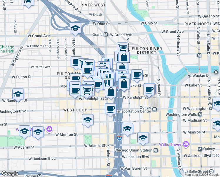 map of restaurants, bars, coffee shops, grocery stores, and more near 730 West Couch Place in Chicago