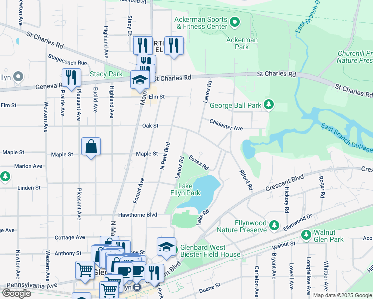 map of restaurants, bars, coffee shops, grocery stores, and more near 725 Lenox Road in Glen Ellyn