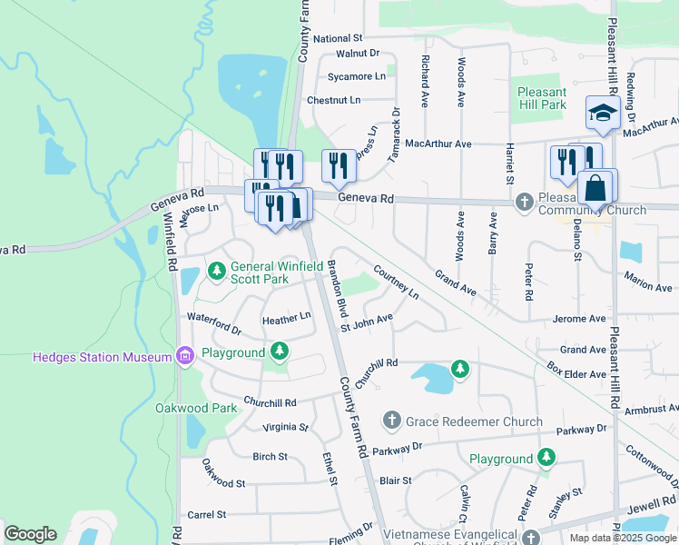 map of restaurants, bars, coffee shops, grocery stores, and more near 0N704 Courtney Lane in Winfield
