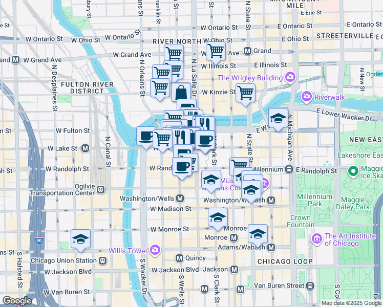 map of restaurants, bars, coffee shops, grocery stores, and more near 200 North LaSalle Drive in Chicago