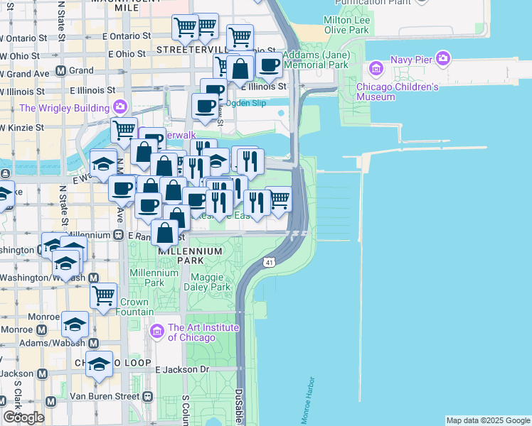 map of restaurants, bars, coffee shops, grocery stores, and more near 154 North Harbor Drive in Chicago