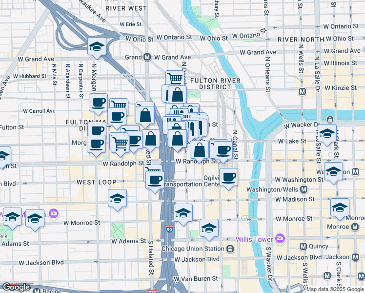 map of restaurants, bars, coffee shops, grocery stores, and more near 650 West Lake Street in Chicago
