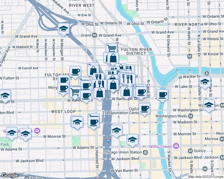 map of restaurants, bars, coffee shops, grocery stores, and more near 650 West Lake Street in Chicago
