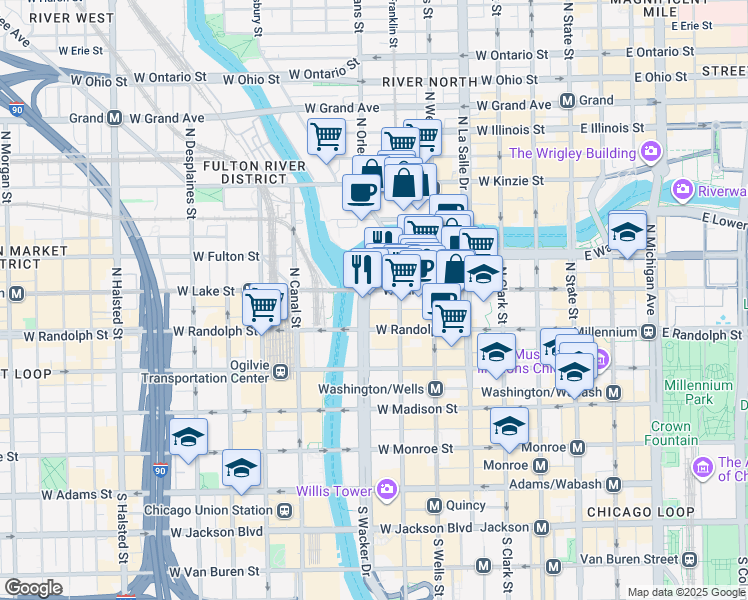 map of restaurants, bars, coffee shops, grocery stores, and more near 191 North Upper Wacker Drive in Chicago