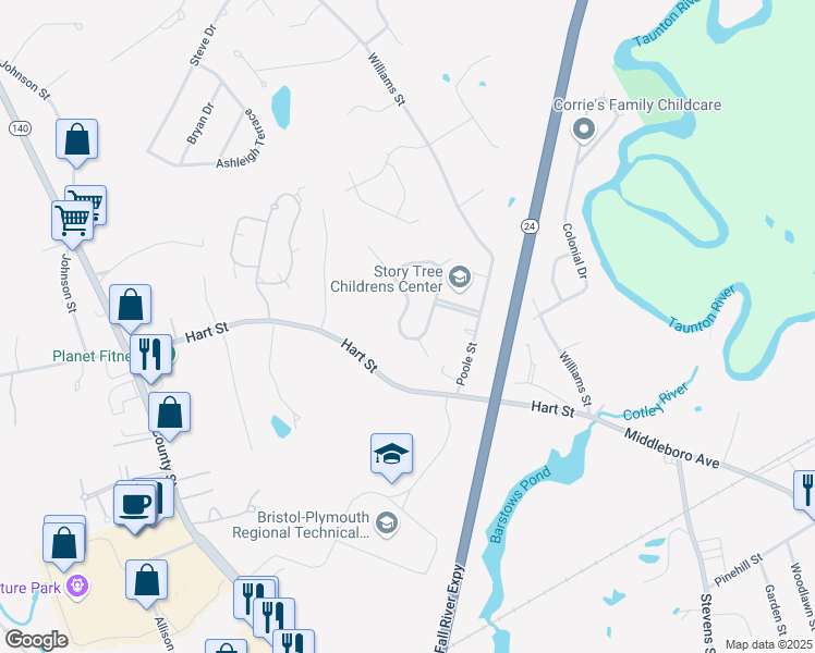 map of restaurants, bars, coffee shops, grocery stores, and more near 100 Indian Meadow Drive in Taunton