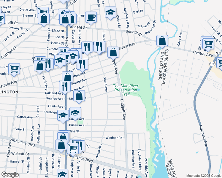 map of restaurants, bars, coffee shops, grocery stores, and more near 186 Bristol Avenue in Pawtucket