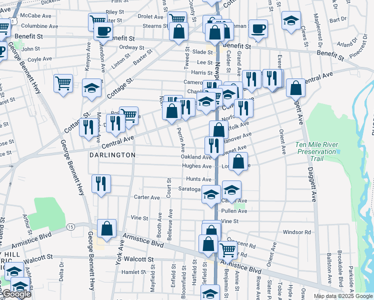 map of restaurants, bars, coffee shops, grocery stores, and more near 66 Downes Avenue in Pawtucket