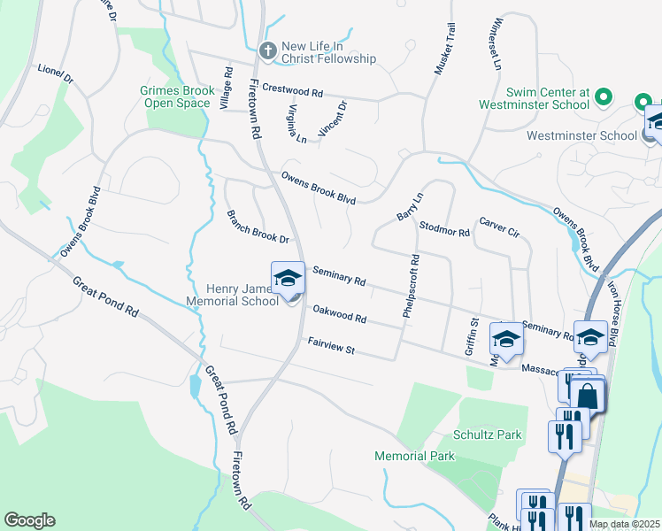 map of restaurants, bars, coffee shops, grocery stores, and more near 14 Hearthstone Drive in Simsbury