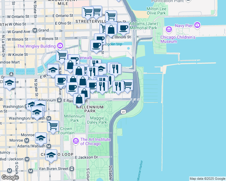 map of restaurants, bars, coffee shops, grocery stores, and more near 181 North Westshore Drive in Chicago