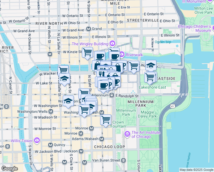 map of restaurants, bars, coffee shops, grocery stores, and more near 73 East Lake Street in Chicago
