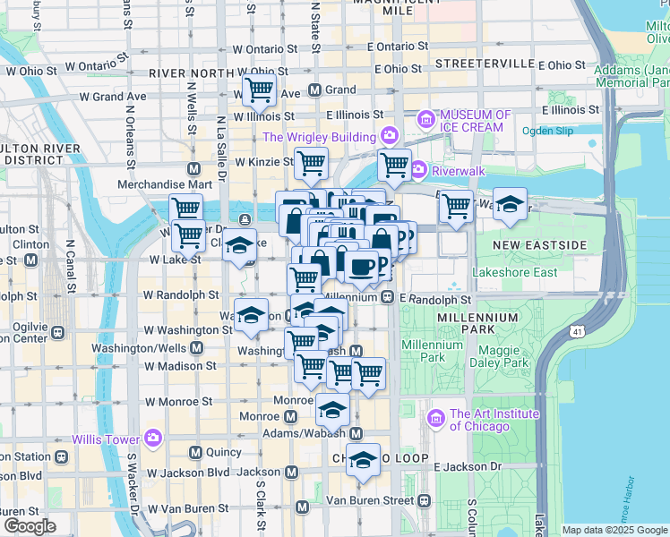 map of restaurants, bars, coffee shops, grocery stores, and more near 30 East Lake Street in Chicago