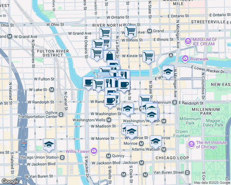 map of restaurants, bars, coffee shops, grocery stores, and more near 200 North LaSalle Drive in Chicago