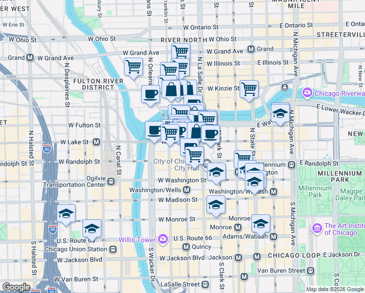 map of restaurants, bars, coffee shops, grocery stores, and more near 204 North Wells Street in Chicago
