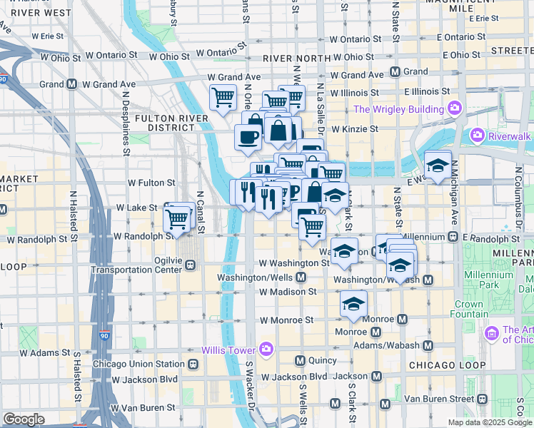 map of restaurants, bars, coffee shops, grocery stores, and more near 333 West Wacker Drive in Chicago