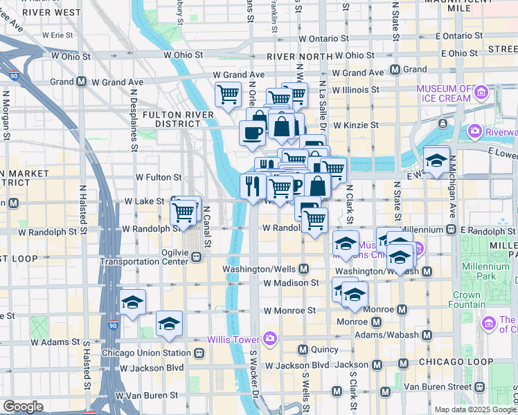map of restaurants, bars, coffee shops, grocery stores, and more near 333 West Wacker Drive in Chicago