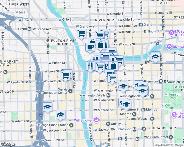 map of restaurants, bars, coffee shops, grocery stores, and more near 333 West Wacker Drive in Chicago