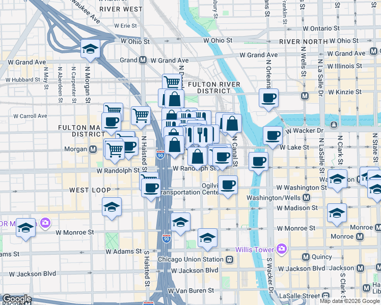 map of restaurants, bars, coffee shops, grocery stores, and more near 200 North Jefferson Street in Chicago