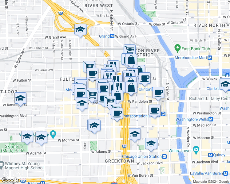 map of restaurants, bars, coffee shops, grocery stores, and more near 710 West Walnut Street in Chicago