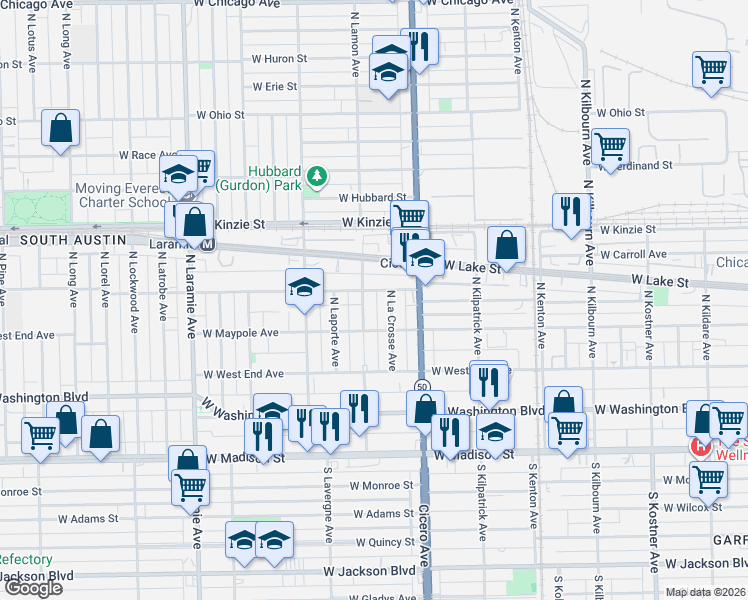 map of restaurants, bars, coffee shops, grocery stores, and more near 4838 West Fulton Street in Chicago