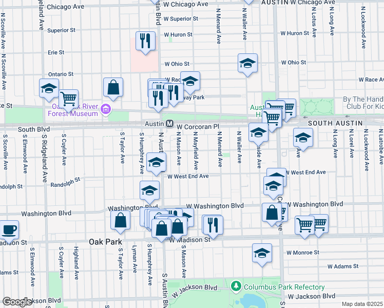 map of restaurants, bars, coffee shops, grocery stores, and more near 310 North Mayfield Avenue in Chicago