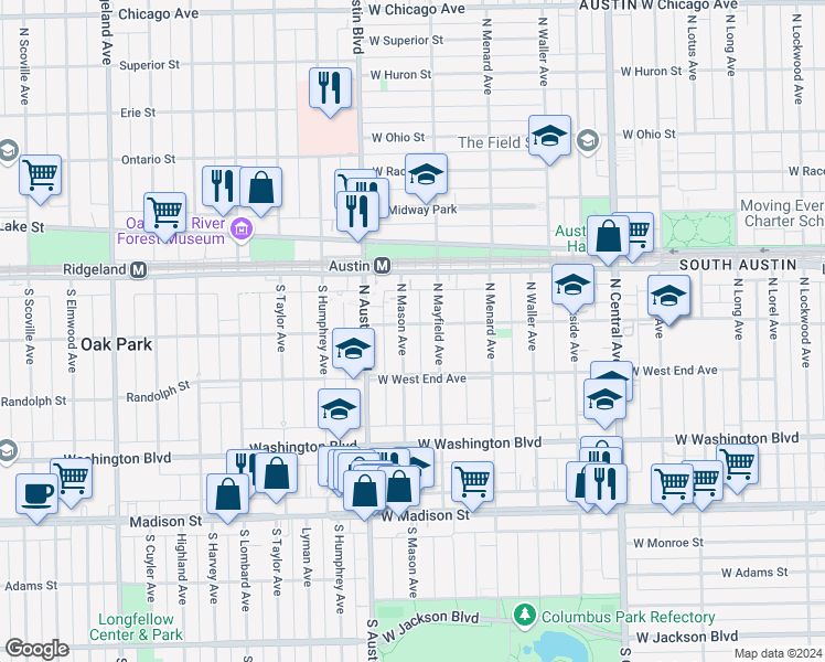 map of restaurants, bars, coffee shops, grocery stores, and more near 310 North Mayfield Avenue in Chicago
