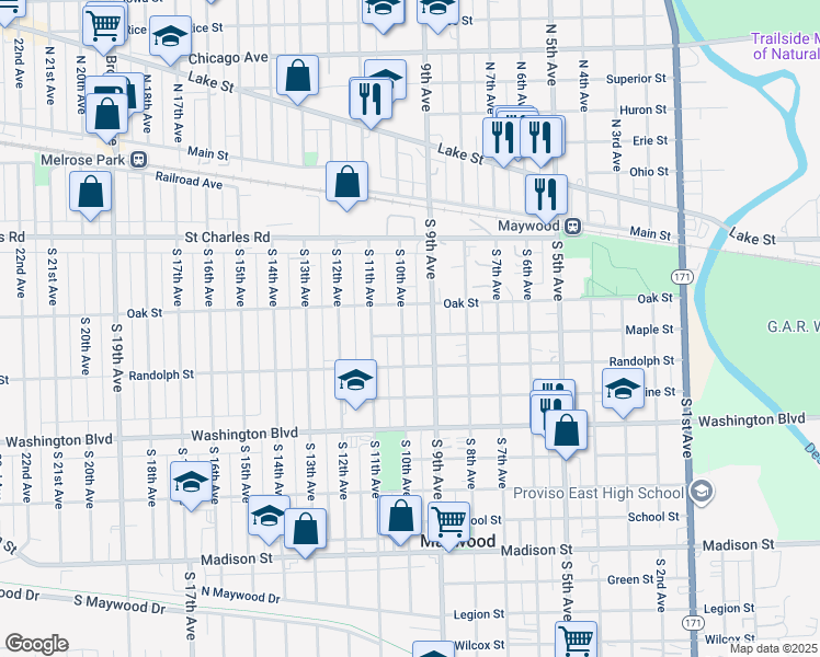 map of restaurants, bars, coffee shops, grocery stores, and more near 202 South 9th Avenue in Maywood