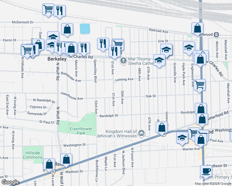 map of restaurants, bars, coffee shops, grocery stores, and more near 321 51st Avenue in Bellwood