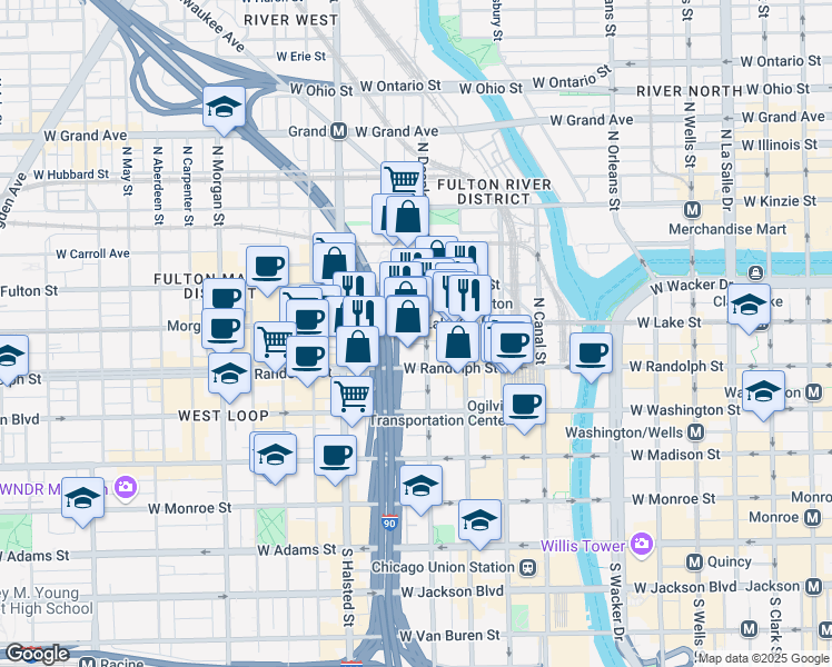 map of restaurants, bars, coffee shops, grocery stores, and more near 650 West Lake Street in Chicago