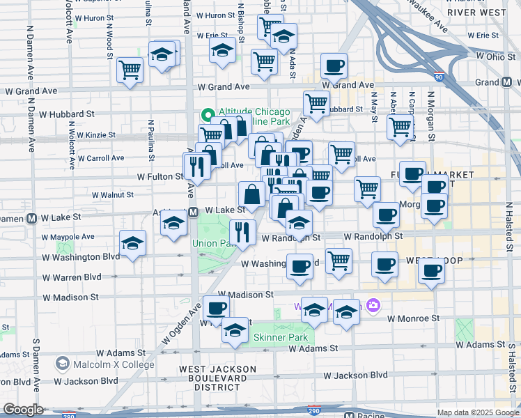 map of restaurants, bars, coffee shops, grocery stores, and more near W Lake St & N Ogden Ave in Chicago