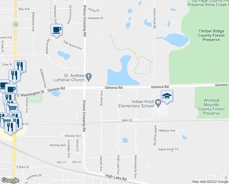 map of restaurants, bars, coffee shops, grocery stores, and more near 4 High Lake Avenue in West Chicago