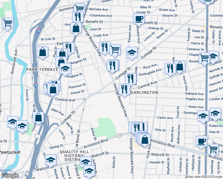 map of restaurants, bars, coffee shops, grocery stores, and more near 340 Cottage Street in Pawtucket