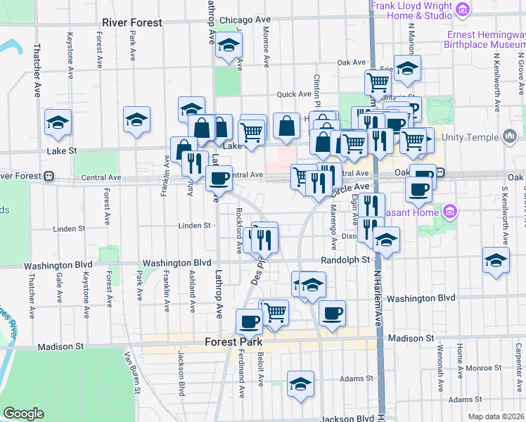 map of restaurants, bars, coffee shops, grocery stores, and more near 7459 Franklin Street in Forest Park