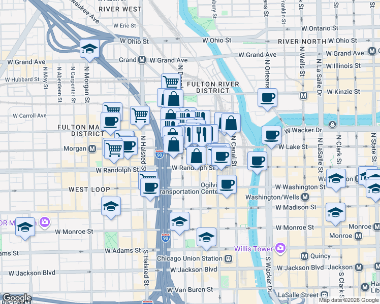 map of restaurants, bars, coffee shops, grocery stores, and more near 200 North Jefferson Street in Chicago
