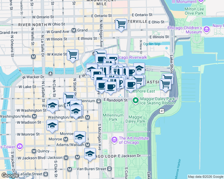 map of restaurants, bars, coffee shops, grocery stores, and more near 180 North Stetson Avenue in Chicago