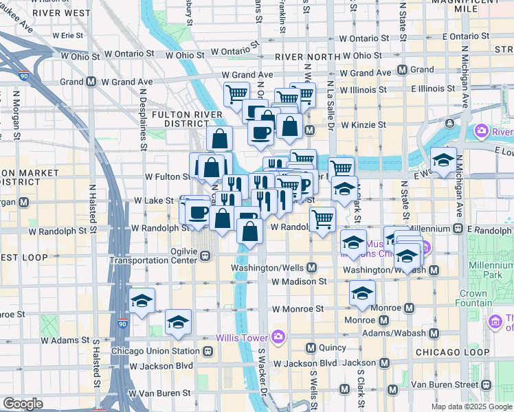 map of restaurants, bars, coffee shops, grocery stores, and more near 208 North Upper Wacker Drive in Chicago