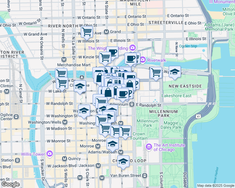 map of restaurants, bars, coffee shops, grocery stores, and more near 30 East Lake Street in Chicago