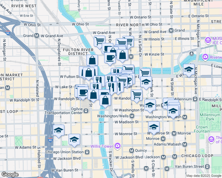 map of restaurants, bars, coffee shops, grocery stores, and more near 191 North Upper Wacker Drive in Chicago