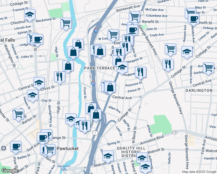 map of restaurants, bars, coffee shops, grocery stores, and more near 458 Broadway in Pawtucket
