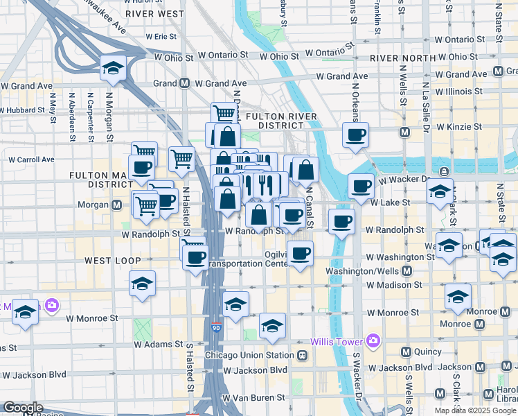 map of restaurants, bars, coffee shops, grocery stores, and more near 200 North Jefferson Street in Chicago