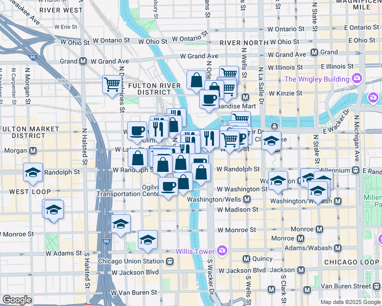 map of restaurants, bars, coffee shops, grocery stores, and more near 150 North Riverside Plaza in Chicago