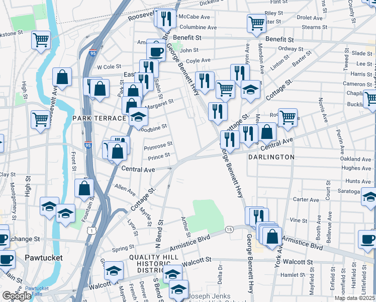 map of restaurants, bars, coffee shops, grocery stores, and more near 37 Freight Street in Pawtucket