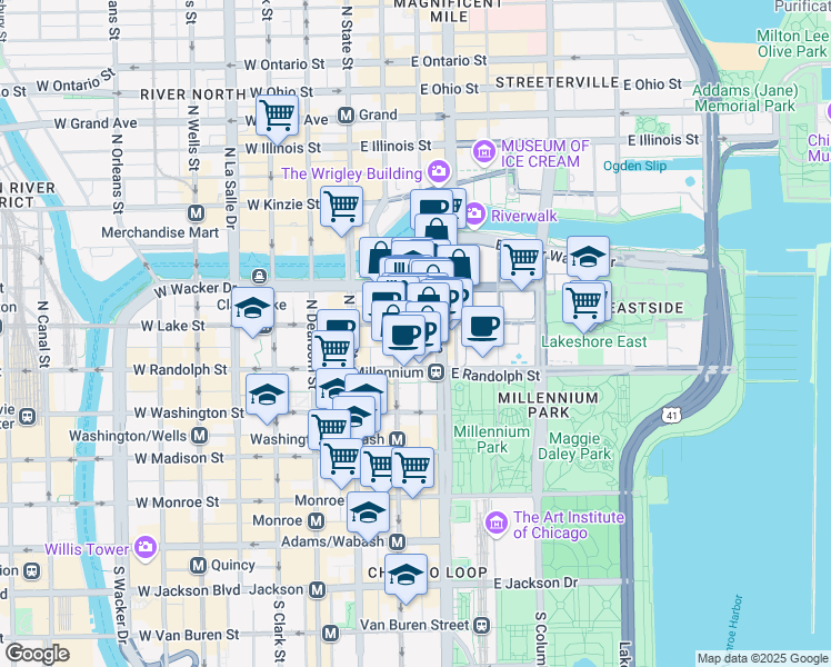 map of restaurants, bars, coffee shops, grocery stores, and more near 73 East Lake Street in Chicago