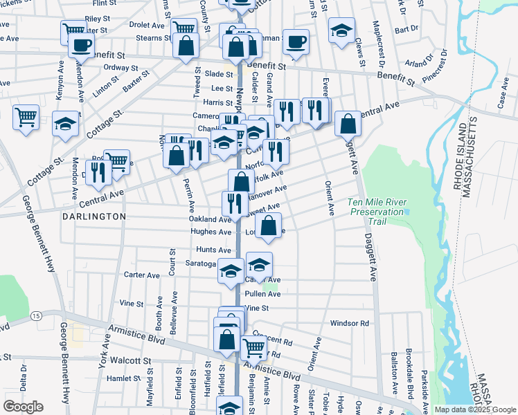 map of restaurants, bars, coffee shops, grocery stores, and more near 14 Hanover Avenue in Pawtucket