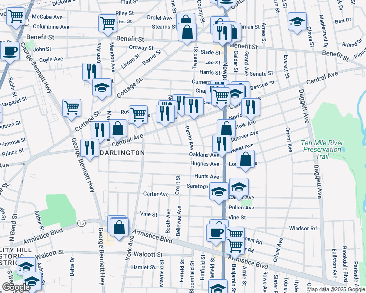map of restaurants, bars, coffee shops, grocery stores, and more near 32 Wilson Street in Pawtucket