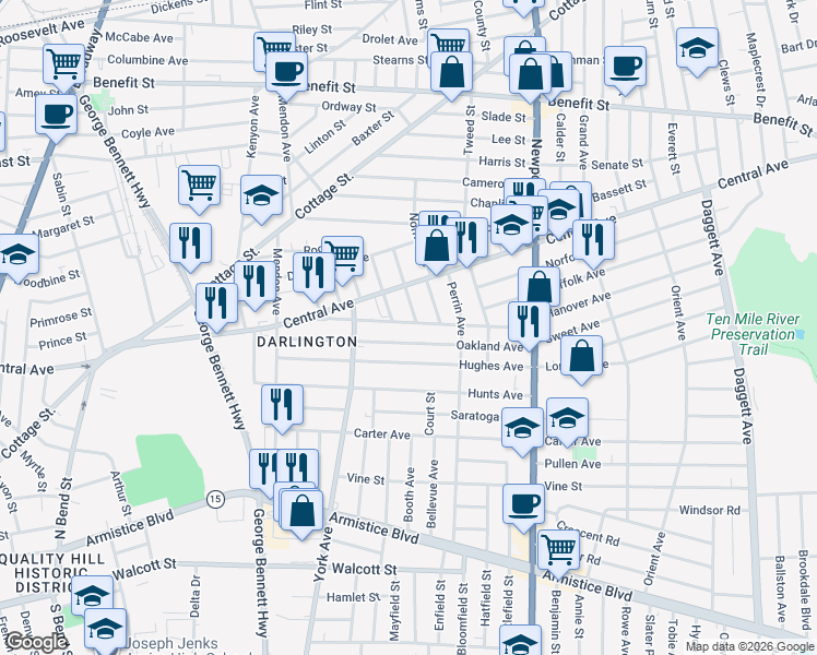 map of restaurants, bars, coffee shops, grocery stores, and more near 15 Linden Street in Pawtucket