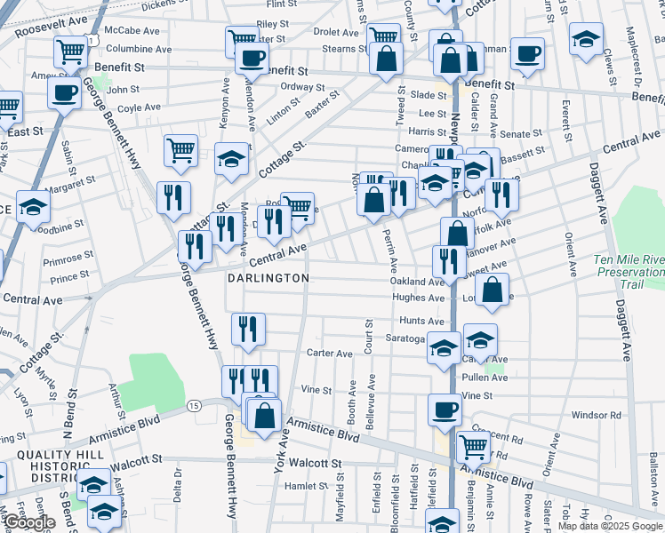 map of restaurants, bars, coffee shops, grocery stores, and more near 15 Linden Street in Pawtucket