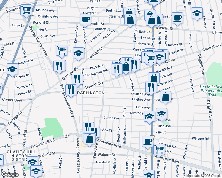 map of restaurants, bars, coffee shops, grocery stores, and more near 15 Linden Street in Pawtucket