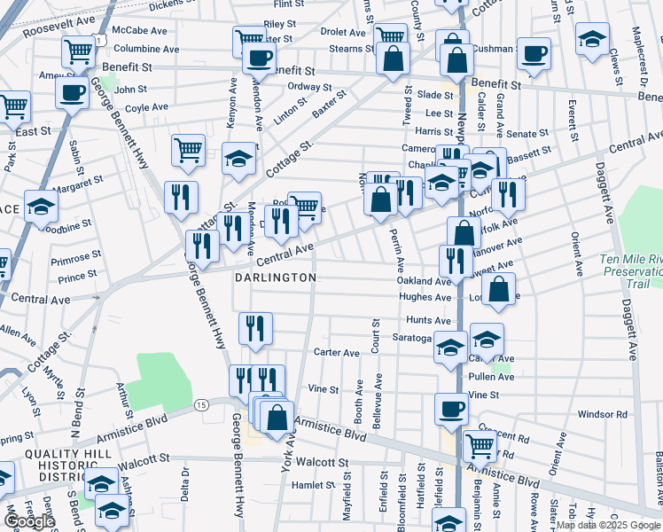 map of restaurants, bars, coffee shops, grocery stores, and more near 1123 York Avenue in Pawtucket